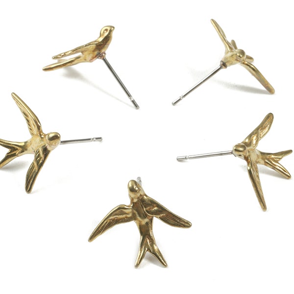 Brass Swallow Earring Post - Raw Brass Swallow Earring Stud - Boucles d'oreilles - Fournitures de bijoux - 17.64x14.85x3.26mm - PP3007