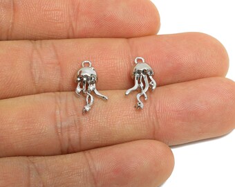 Brass Jellyfish Earring Charm - Silver CZ Jellyfish Pendant for Necklace - Refined Marine Jewelry -18K White Gold Plated-17.5x8x6mm-RGP9925S