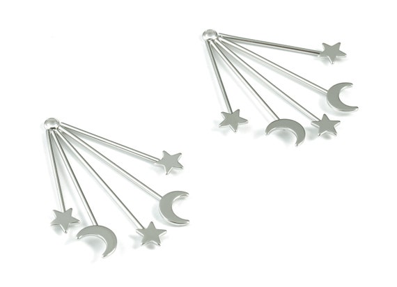 Silver Stars Moon Earring Charms 18K Real White Gold Plated - Etsy