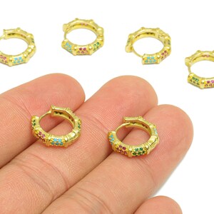 Brass Huggie Hoop Earring - Brass Textured Clasp Hoop Earring - Rainbow Cubic Zircon Hoop Earring - Hoop Earring - 14x13.3mx 3.5mm- PP8997