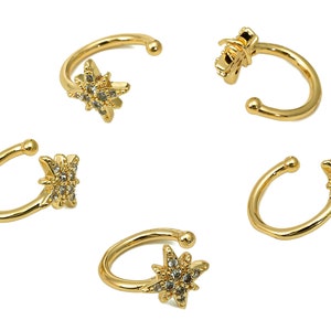 Brass Star Open Round C Ring - Cartilage Earring With Zircon - Planet Huggie Hoop Ear Clip - 18K Real Gold Plating - 11.7x11x1.2mm - RGP5476