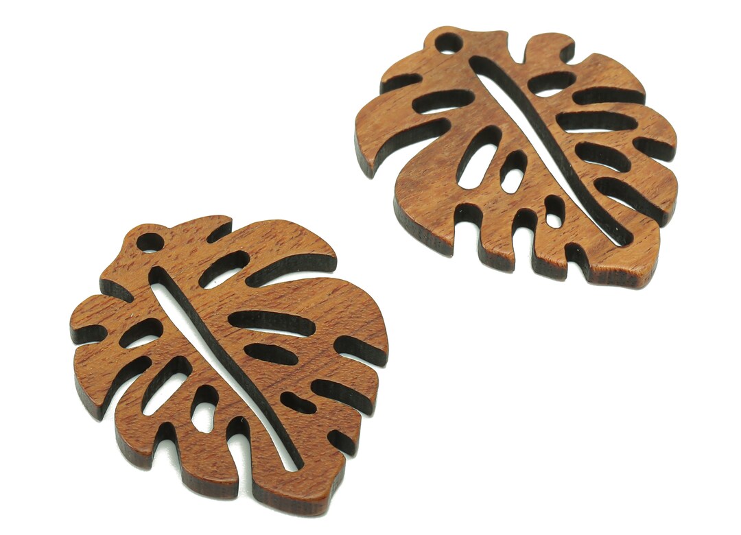 Mahogany Wood Monstera Leaf Charm Coffee Color Leaves Earring Hollow