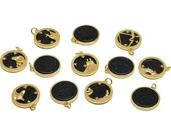 Brass Horoscope Charms - Blue Sandstone Zodiac Pendant with Loop - Zircon Round Horoscope Earring Charms -18K Real Gold Plated