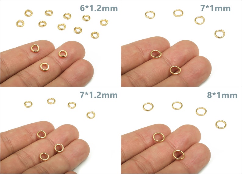 Op de afbeelding: Vier sets gouden springringen in verschillende maten. De springringen zijn 6 mm x 1,2 mm, 7 mm x 1 mm, 7 mm x 1,2 mm en 8 mm x 1 mm.