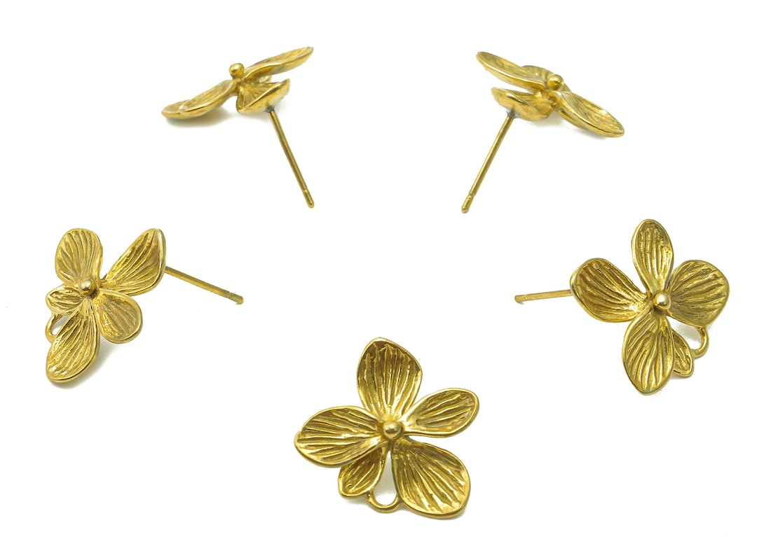 Brass Flower Earrings Stud Raw Brass Flower Earring Post Botanical Stud