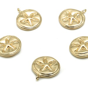 Brass Round Starfish Earring Charms - Gold Starfish Circle Pendant - 18K Real Gold Plated Brass - Jewelry Supplies - 16.9x14.5x3.3mm-RGP4244