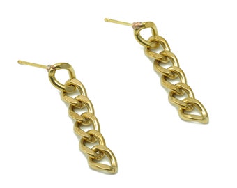 Brass Faceted Chain Earring Stud - Raw Brass Hanging Chain Earring Post - Curb Chain Stud Earring - Brass Stud - 35.2x6.4x1.4mm - PP8065