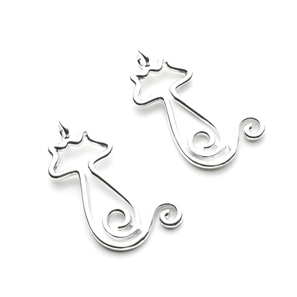 Cat Shaped Charms- Zinc Alloy Earring Findings - Nickel / Silver Tone - Alloy Pendant for Necklace - 30.8x17x1.8mm - ZZ1257N