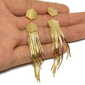 Brass Hexagon Dangle Earring - Hexagon Snake Chian Earring Post - Gold Tassel Dangle Earring - 18K Real Gold Plated - 86x11.7x0.6mm- RGP8271