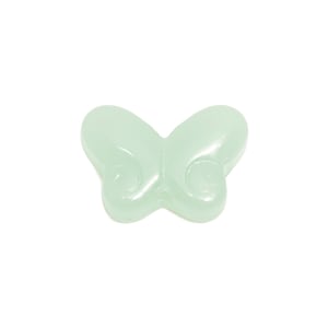 May include: A light green butterfly-shaped bead. The bead has a smooth, glossy finish and a detailed design on the wings. The wings are slightly curved, and the overall shape is symmetrical. The bead is likely used for jewelry making or crafting.