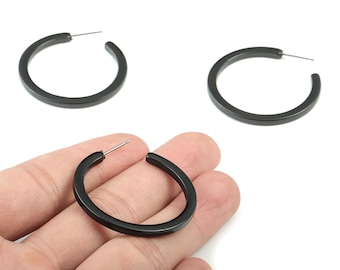 Open Hoop Earrings Stud - 1.5 inch Hoop Earring - Black Acetate Round Earring Post - Open Circle - 38x38x2.7mm - AC1173B