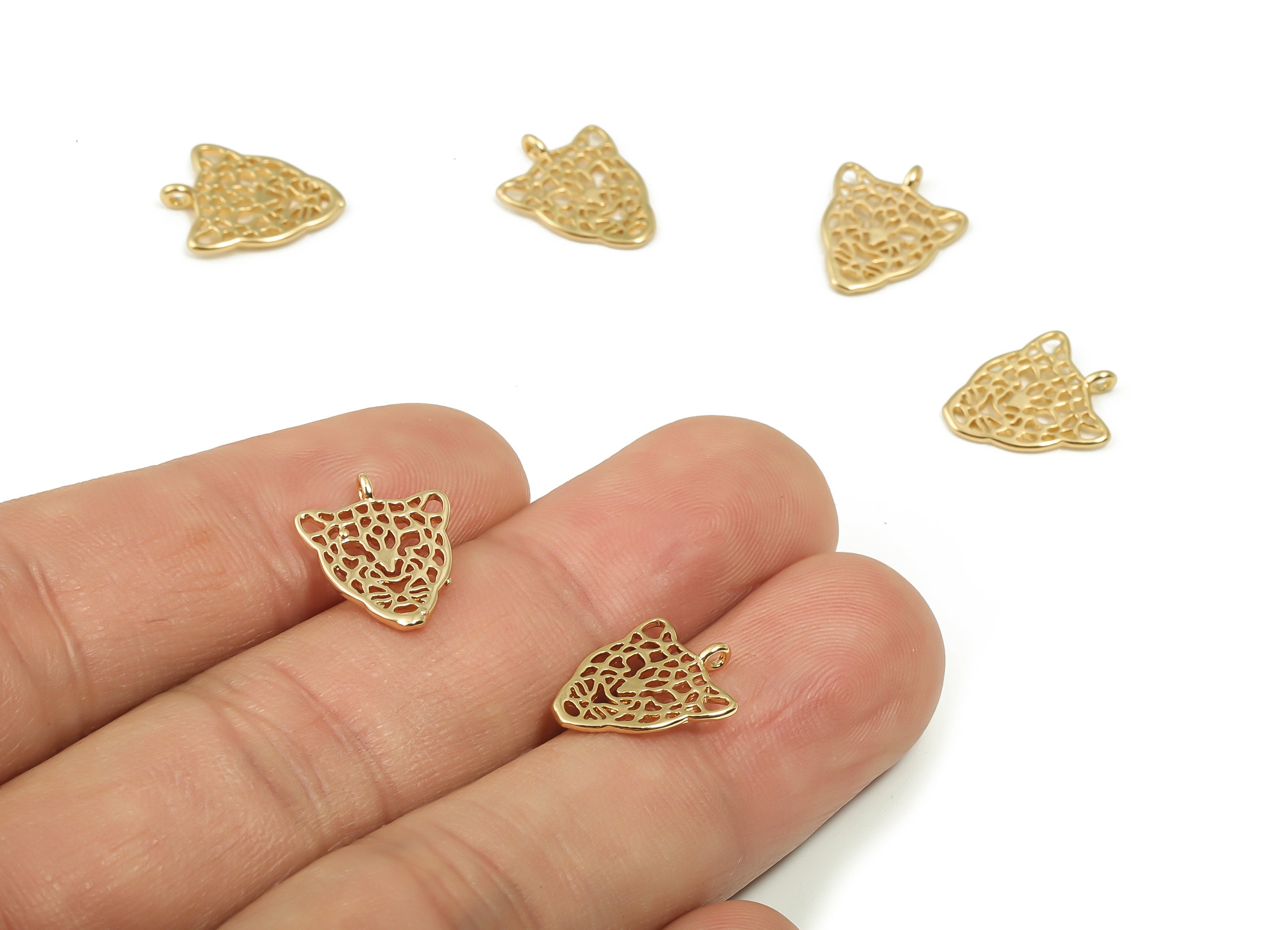 Brass Hollow Jaguar Earring Charms - Gold Tiger Pendant