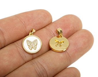 Brass Shell Butterfly Disc Pendant - Minimalist Jewelry - Elegant CZ Butterfly Necklace Charm - Flat Round Pendant - 20x13x2.97mm -RGP11257