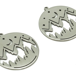 Stahl Bergbaum Ohrring Charms - Kreis Landschaft - Sterne Halbmond Anhänger mit Schlaufe - Edelstahl 316 - 23.5x21.8x0.9 mm - SS1382