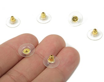 Brass Silicone Earring Backs - Disc Earring Stopper With Pads - Silicone Ear Nuts & Backs - Gold Tone Plaed Brass - 11.4x11.4x6mm - ES1026