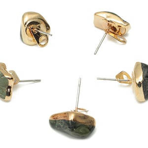 Jasper Earring Stud with Loop - Natural Stone Earring Post -  Gold Tone Plated Stone – 316 Surgical Stainless Steel - 9.35x8x7mm – NS1762F