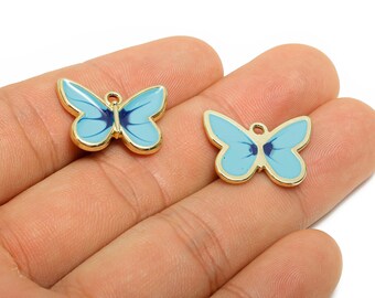 Alloy Enamel Butterfly Charm - Dainty Insect Pendant - Whimsical Blue Winged Jewelry - Craft Supply - KC Gold Plated - 21x15.9x2mm- AC3561