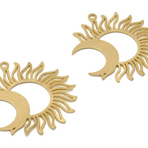Raw Brass Sun Crescent Moon Earring Charms - Brass Sun and Moon Cutout Charms - Laser Cut Celestial Pendant -37.71x35.62x0.72mm - PPA4021