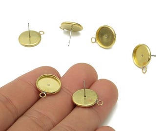 Brass Cabachon Stud Earring - Raw Brass Circle Earring Post - Round Pot Earring With Loop - Stainless Steel Stud - 17.1x13.6x1.5mm-PP8075-14