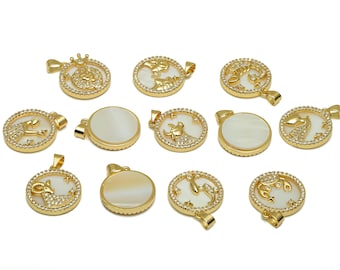 Brass Sign Horoscope Charms - CZ Shell Sign Of Zodiac Pendant with Loop - Zircon Horoscope Earring Charms - Zodiac Sign-18K Real Gold Plated