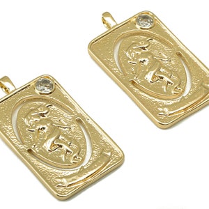 Brass Rectangle Pendant - Zircon Woman Figure Earrings - 18K Real Gold Plated Brass Pendant - Jewelry Making - 31x17x1.8mm-RGP6166