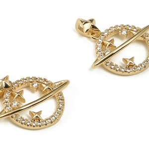 Brass Saturn Earring Charm - CZ Paved Gold Saturn Charms - 18K Real Gold Plated Brass - Jewelry Making Supplies -16.66x13.77x3.97mm- RGP3649