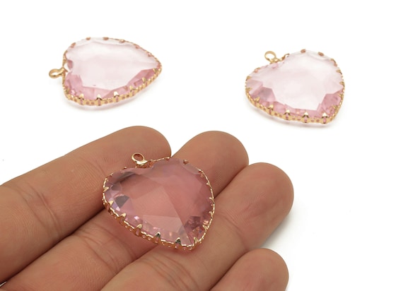 Faceted Glass Heart Charms - Pink Glass Heart Charm With Loop - Gold Tone Plated Brass Pendant - Modern Jewelry -31.04x27.94x9.64mm -GS1149F