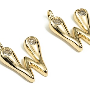 Brass Alphabet Letter Earring Charms - Zircons Gold The letter W Pendant - 18K Real Gold Plated Brass Charm -24.65x18.86x4.12mm- RGP3668W