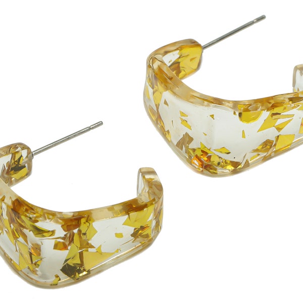 Acrylic Hoop Earrings Stud - Acrylic Wide Gold Foil & Confetti Earring - Square Earring Post - Color Code:978- 26x21x2.8mm - AC2617-A978