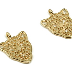 Brass Hollow Jaguar Earring Charms - Gold Tiger Pendant - 18K Real Gold Plated Brass - Jewelry Making Supplies - 14.48x11.43x0.9mm - RGP4167