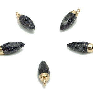 Blue Goldstone Faceted Spike Earring Charms - Brass Stick Pendant - Natural Stone - Gold Tone Plated Brass – 19.56x5.98x5.98mm – NS1621B