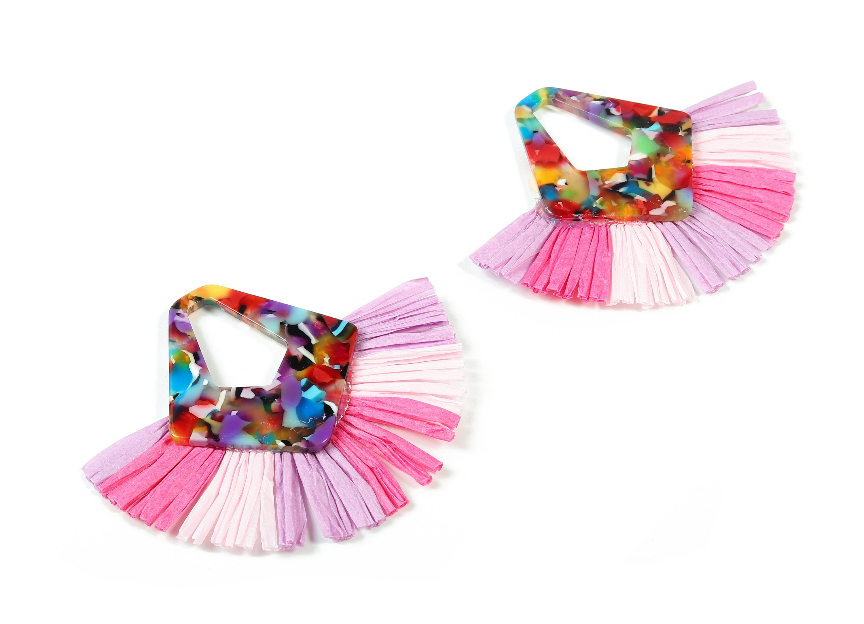 Acetate Diamond Raffia Tassels Charms - Earrings with Fan Tassels - Single Layer Raffia - Color Code: A21 - 80.01x65.98x4.32mm - AC1765