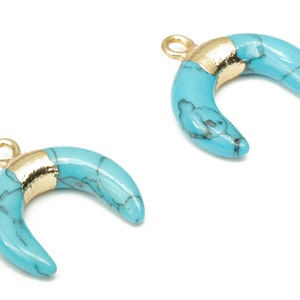 Blue Turquoise Ox Horn Earring Charms - Brass Crescent Pendant - Natural Stone - Gold Tone Plated Brass – 19.98x18.97x6.66mm – NS1686D
