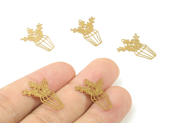 Brass Vase Flower Earring Charms - Raw Brass Flower Vase Earring - Earring Findings - Jewelry Supplies - 22.09x16.15x0.3mm - JJC11490