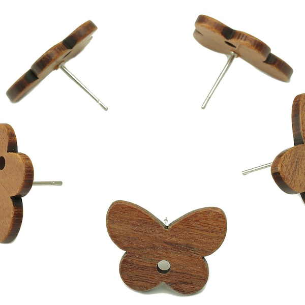 Mahogany Wood Butterfly Earring Stud - Brown Mahogany Wood Animal Earring Post With a Hole - 316 Stainless Steel - 19.6x14.6x2.37mm - BB1298