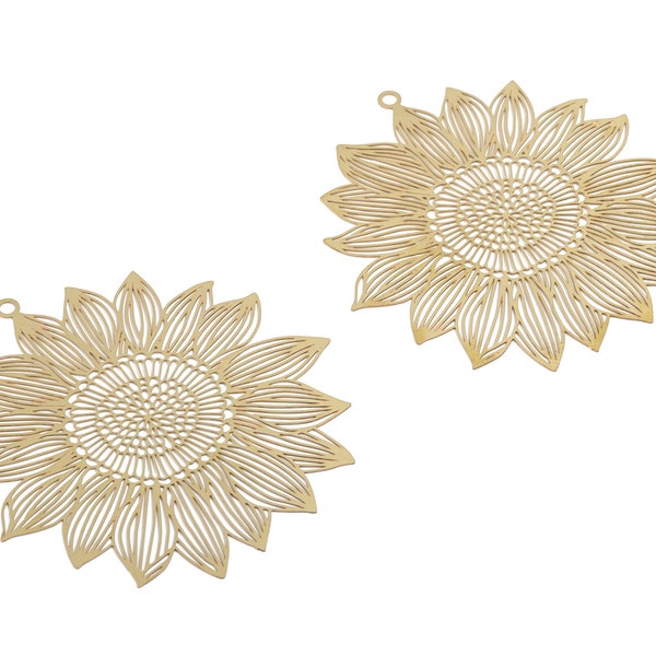 Raw Brass Sun Flower Earring Charms - Raw Brass Sun Flower Necklace Pendant - Earring Findings - Jewelry Supplies - 56.54x54x0.3mm - JJA4616