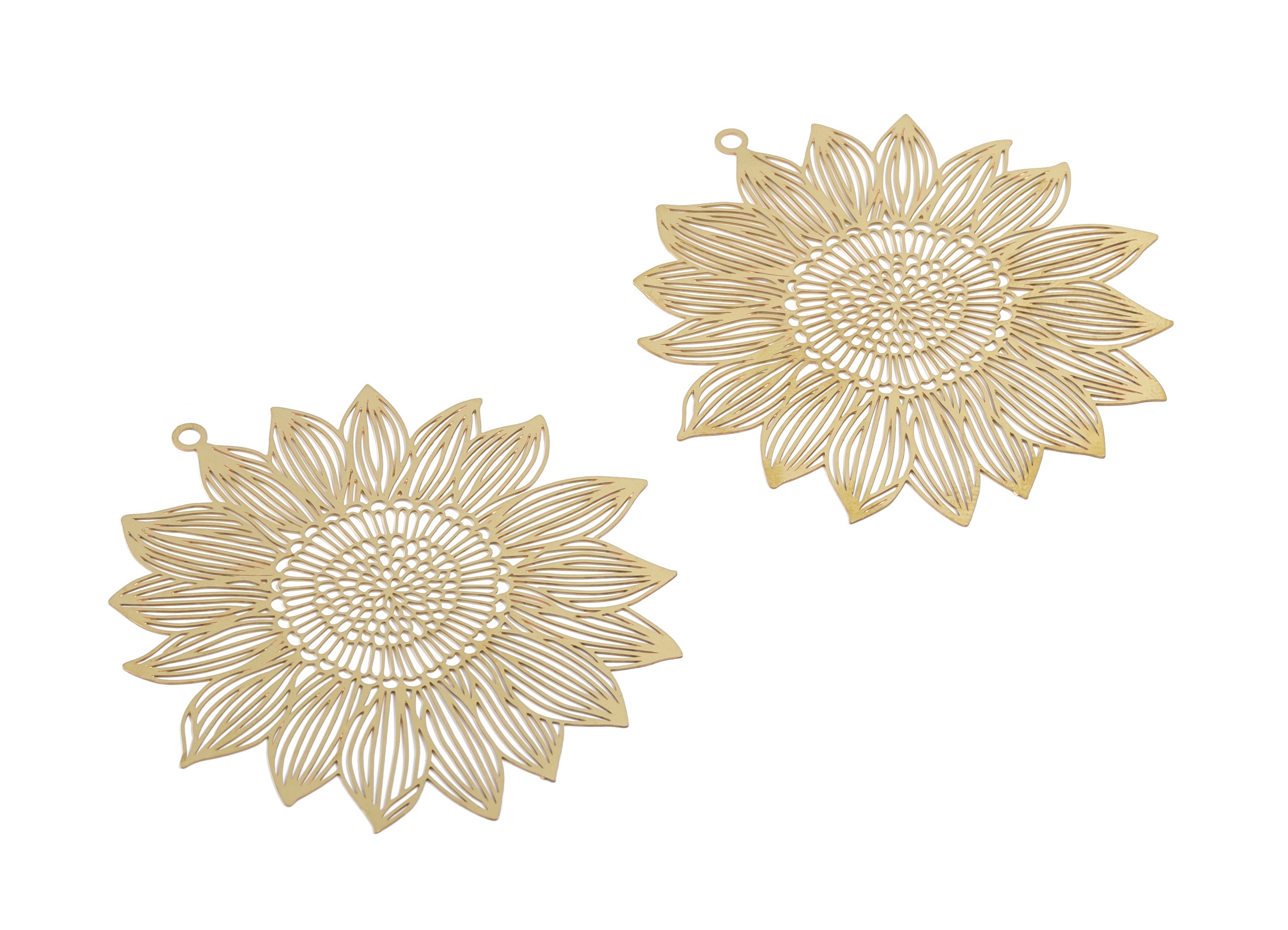 Raw Brass Sun Flower Earring Charms - Raw Brass Sun Flower Necklace Pendant - Earring Findings - Jewelry Supplies - 56.54x54x0.3mm - JJA4616