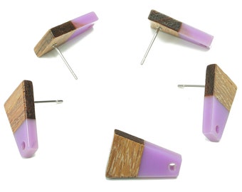 Natural Wooden Trapezoid Earring Stud - Walnut Wood Purple Resin Earring Post - 316 Stainless Steel Stud - 17.86x12.37x2.5mm - BB1260M