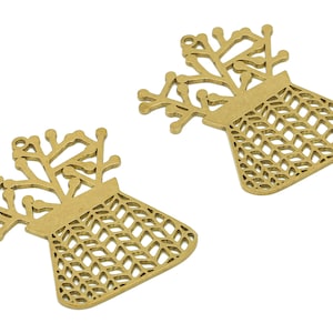 May include: Two gold metal ornaments shaped like a vase with a plant inside. The vase and plant are cut out of the metal, creating a delicate design.