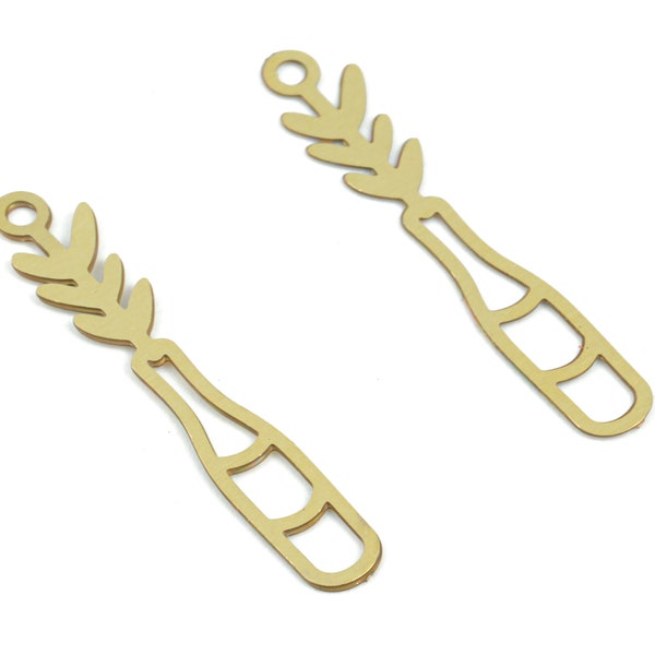 Brass Flower Bottle Earring Charms - Raw Brass Bottle Leaf Earring Charms - Earring Findings - Jewelry Supplies - 23.4x4.2x0.28mm - JJC12011