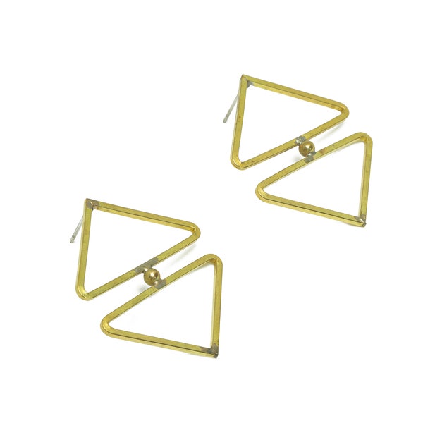 Brass Triangle Earring Stud - Raw Brass Double Triangle Earring Post - Brass Geometry Earring Post - Ball Triangle Stud - 37x31x1mm - PP9941