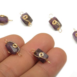 Amethyst Earring Connector - Brass Wire Wrapped Rectangle Pendant - Faceted Natural Stone - Gold Tone Plating - 19.85x7.44x7.01mm - NS1863F