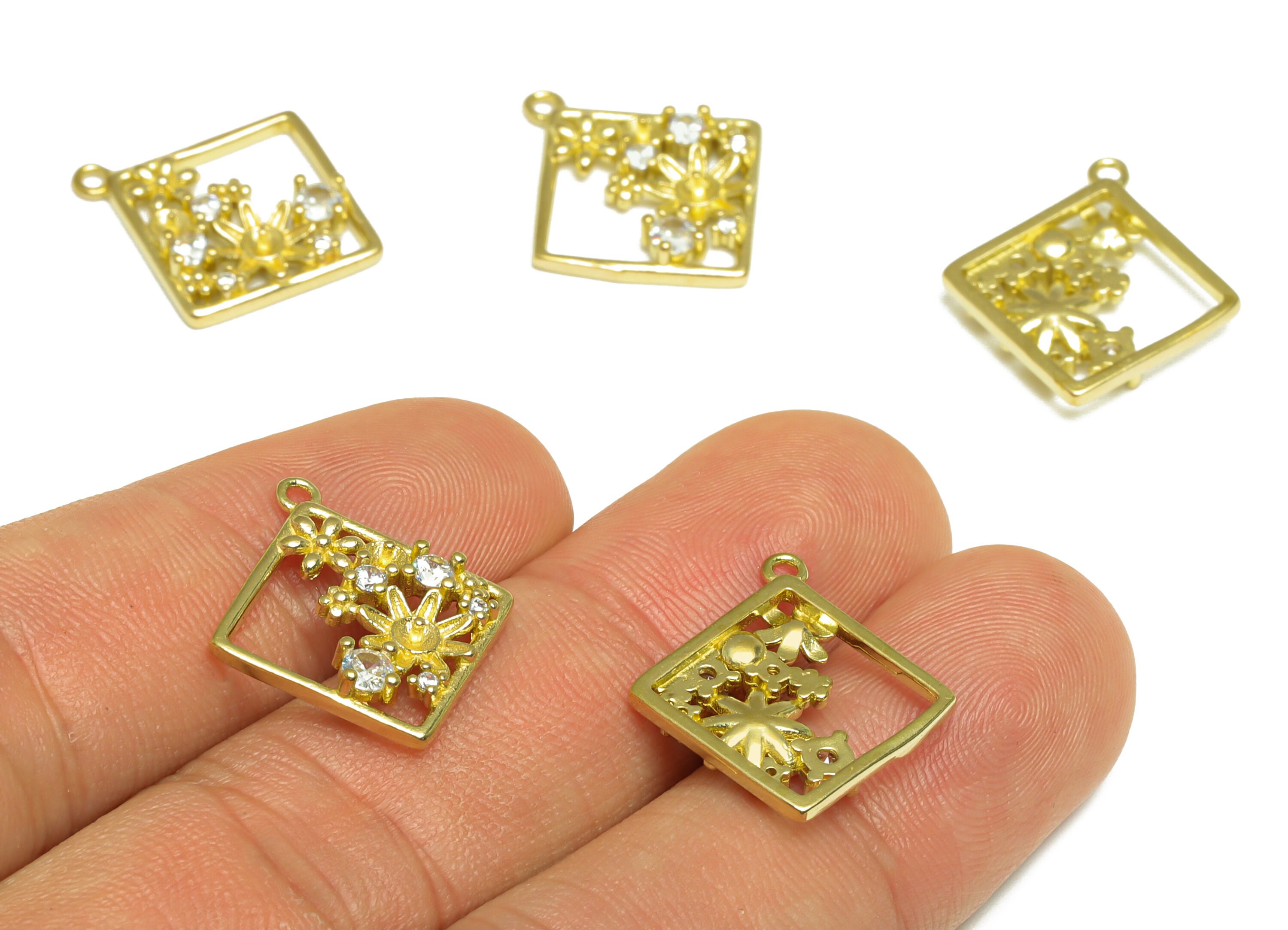Brass CZ Square Earring Charm - Raw Brass Flower Cubic