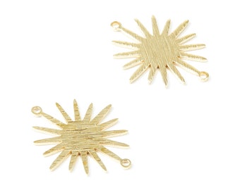 Breloques soleil en laiton - Connecteur en laiton brut texturé en forme de soleil avec 2 trous - Fournitures bijoux - 26,6 x 22,12 x 1 mm - PP1824