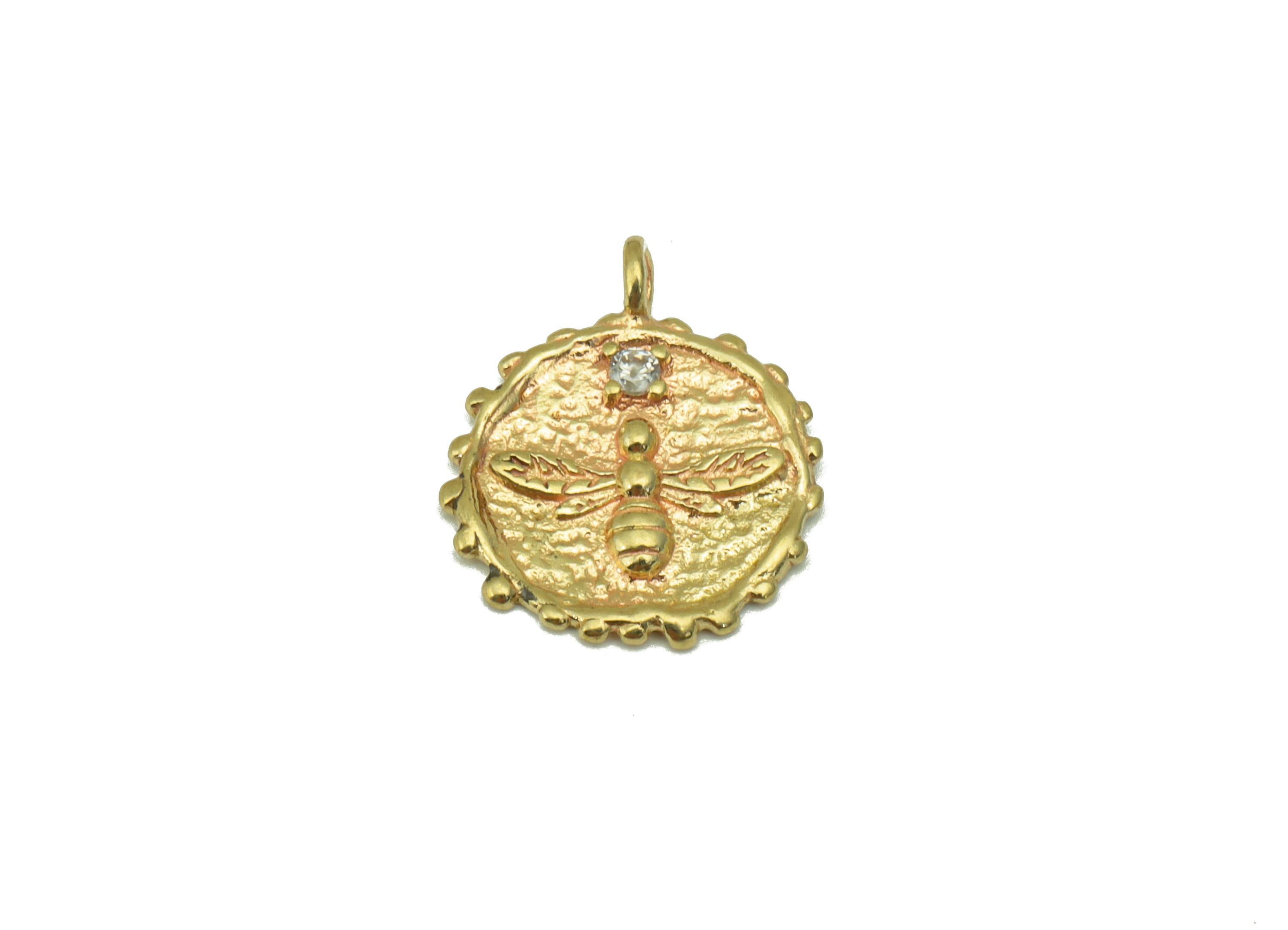 Brass Round Bee Pendant- Raw Brass Earring Hammered Brass