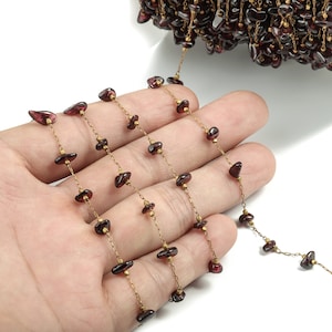 Brass Natural Stone Beaded Chain –Raw Brass Dark Red Stone Chain – Satellite Chain for Necklace, Bracelet - 2.36x0.84x0.22mm – CC1175-4