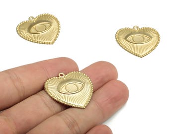 Brass Heart Earring Charms - Raw Brass Evil Eye Necklace Pendant - DIY Jewelry Making Supplies - 28.41x27.99x2.1mm- PP4726