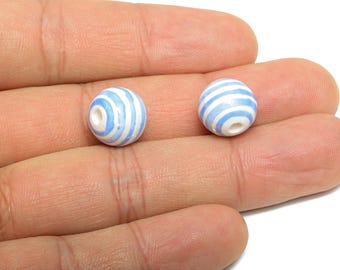 Blue Striped Ceramic Beads - Colorful Handmade Bead - Fun Beads for Creative Jewelry Projects - Bright Summer Bead - 11x12x12mm - NS2858F