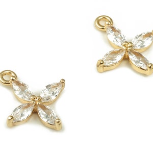 Brass Flower Earring Charms – Zircon Flower Pendant Charm - 18K Real Gold Plated Brass - Jewelry Supplies - 11.85x9.97x2.25mm - RGP3922