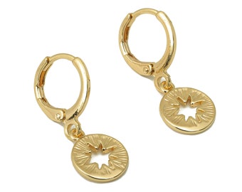 Brass Clasp Earring - North Star Lever back Earring Huggie - Hollow Star Hoop- 18K Real Gold Plating -25x11x1mm - RGP6070